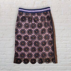 CURRENT AIR Anthropologie Loire Brown Motif Lace Overlay Pencil Midi Skirt S
